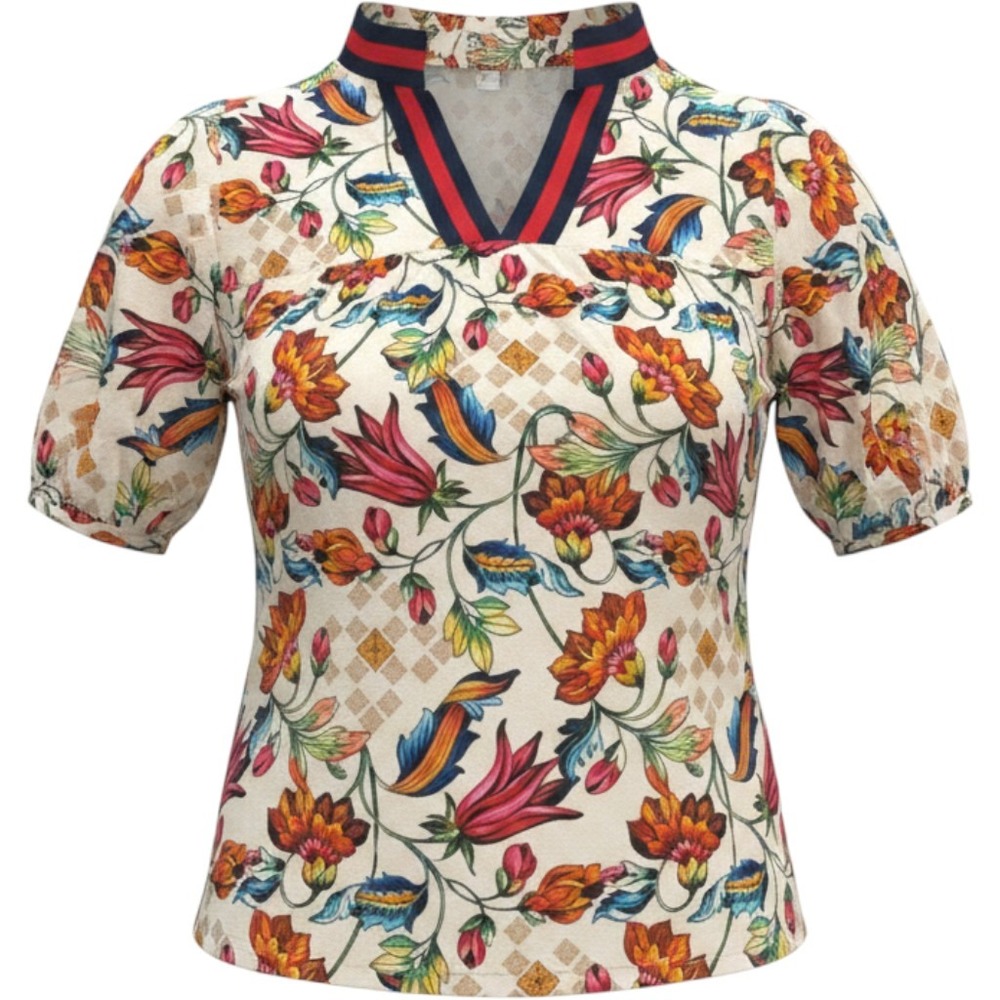 Voy Womens Floral Striped V-Neck Puff Sleeve Blouse Top 35638 Small